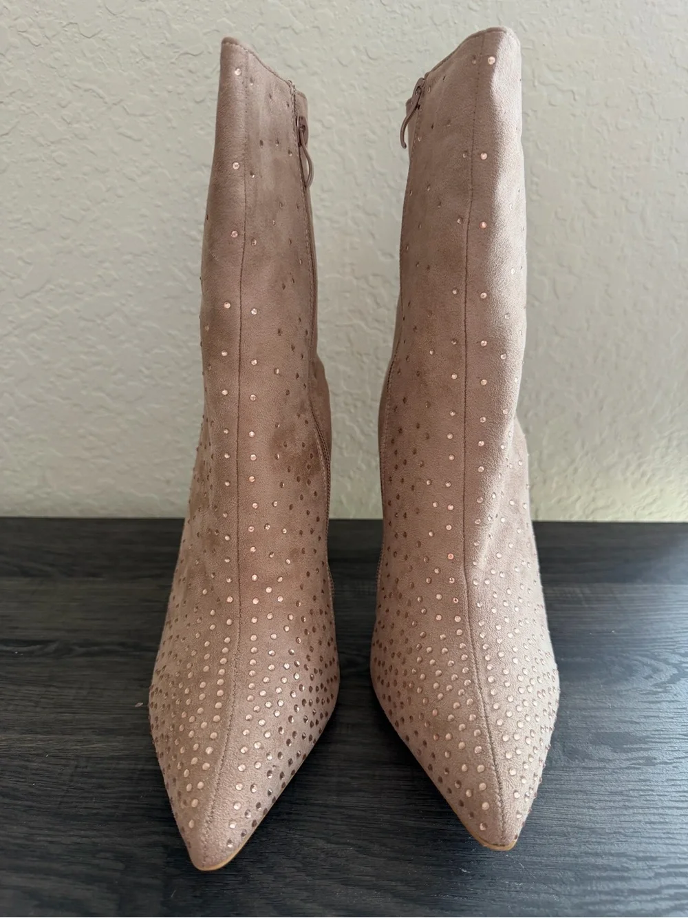 Taupe Rhinestone Pointed Toe Ankle Boots Size 10